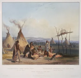 Begrafenissteiger van een Sioux-hoofdman nabij Fort Pierre, gegraveerd door J. Hurliman, gepubliceerd in 1839